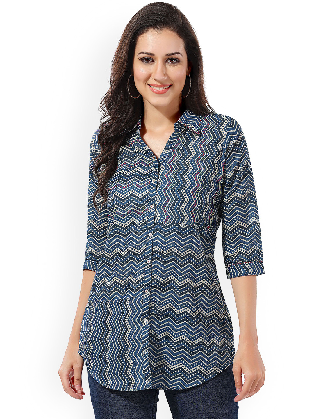 

keshubaba Chevron Printed Cotton A-Line Kurti, Blue
