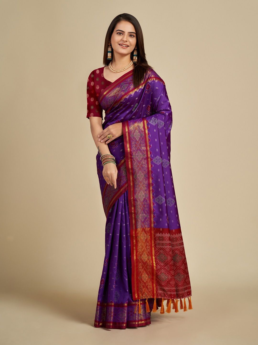 

SHOBHA SAREES Ethnic Motifs Woven Design Zari Pure Silk Patola Saree, Purple