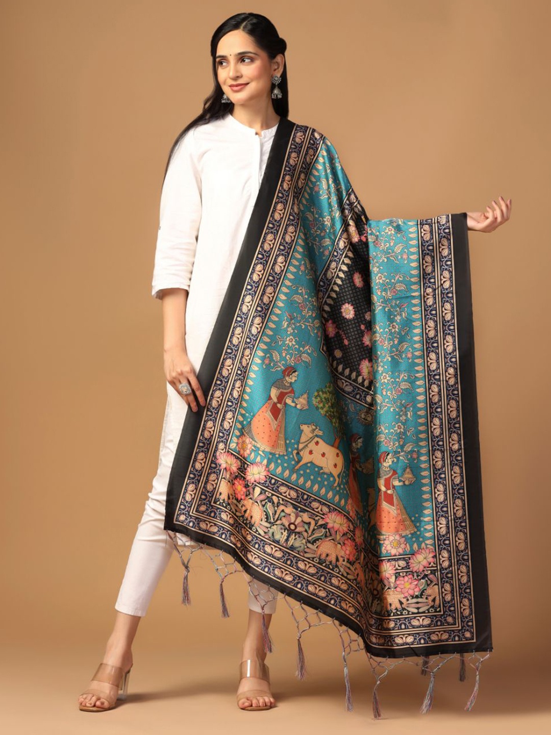 

Kaizen TEXO FAB Ethnic Motifs Printed Tasselled Dupatta, Tan