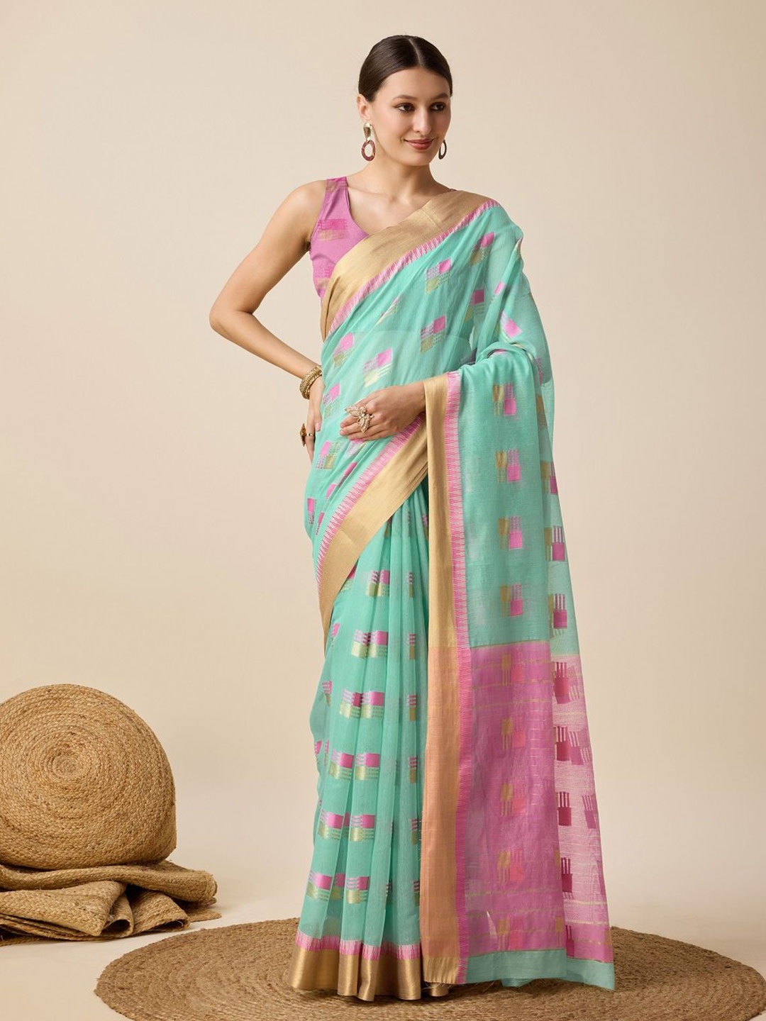 

LEOSAGI Woven Design Zari Silk Cotton Kota Saree, Turquoise blue