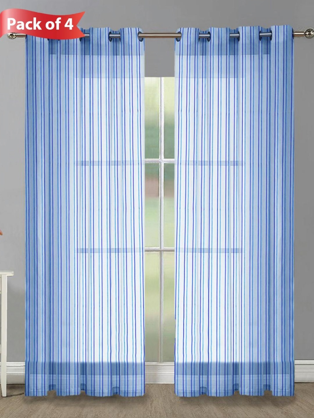 

Aura Blue & White Set of 4 Striped Sheer Long Door Curtains