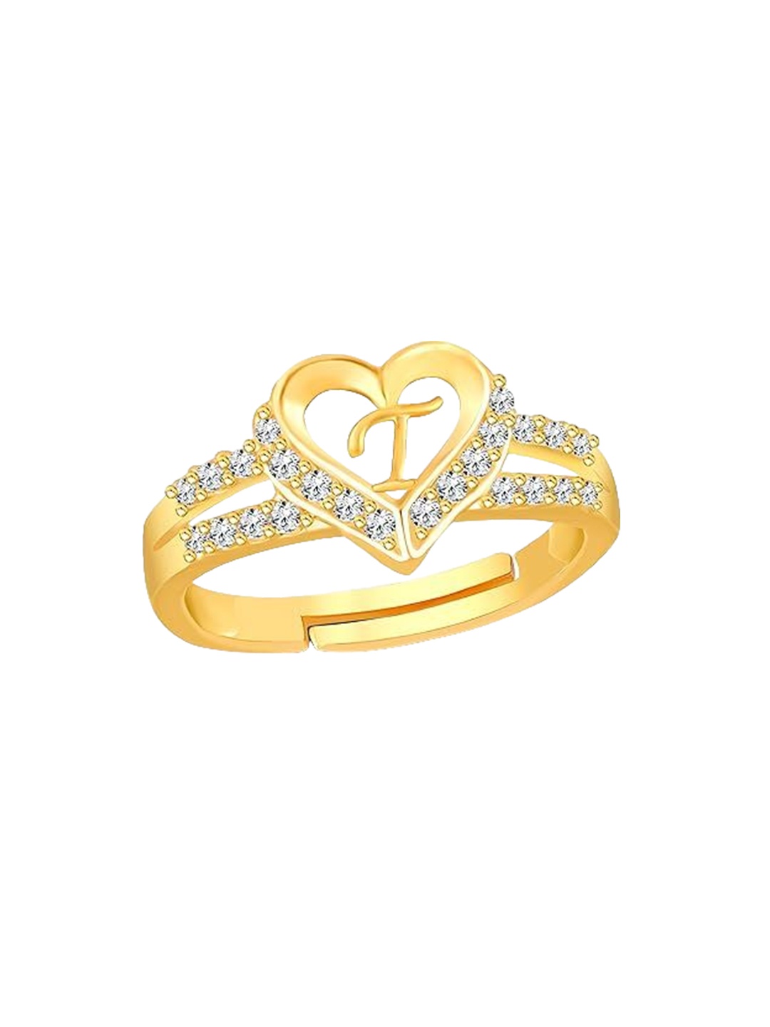 

Lila Gold-Plated Cubic Zirconia-Studded Heart Alphabet T Adjustable Finger Ring