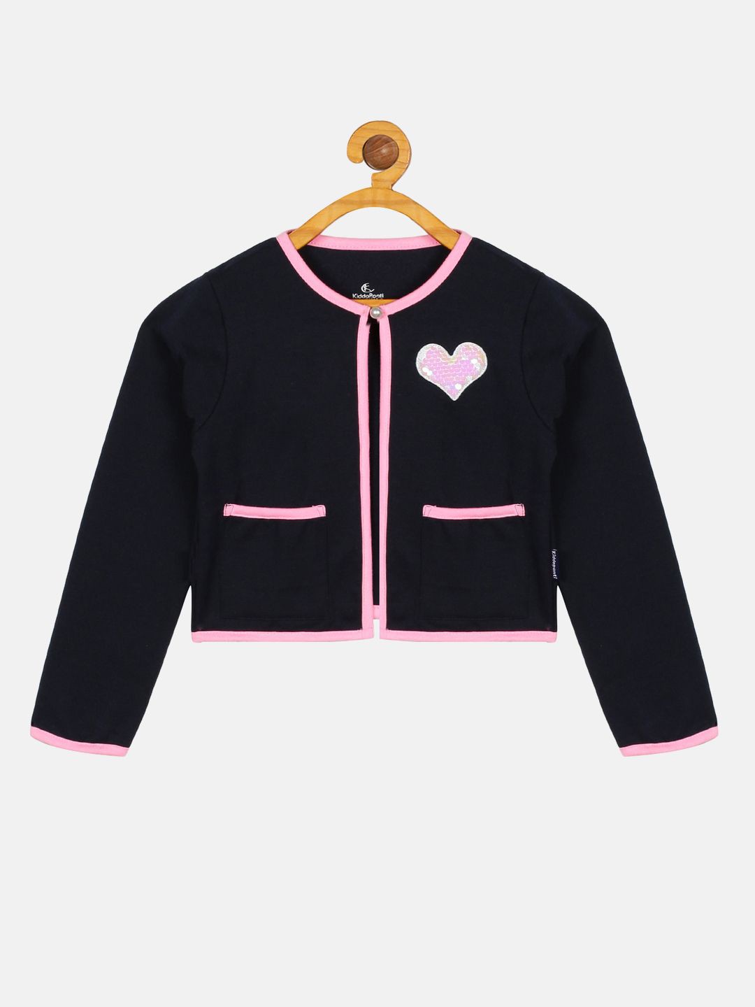 

KiddoPanti Sequin Embellished Full Sleeves Front Open Crop Shrug, Navy blue
