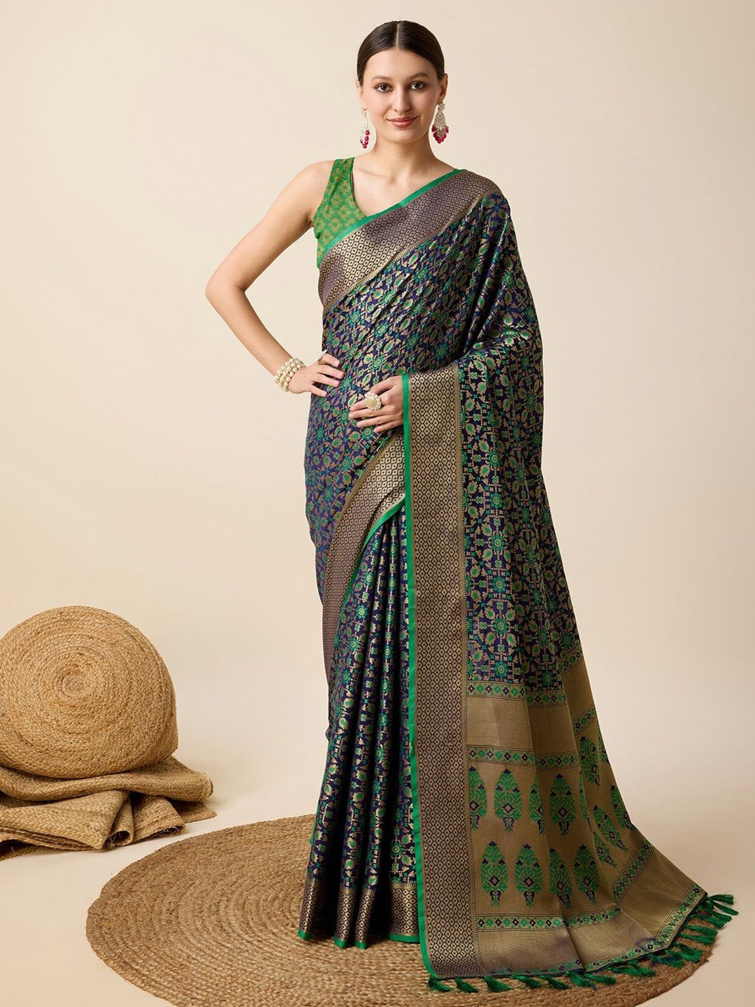 

SHOBHA SAREES Ethnic Motifs Zari Pure Silk Patola Saree, Navy blue