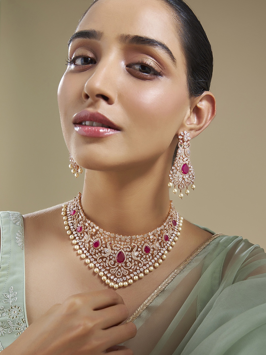 

Kushal's Fashion Jewellery Gold-Plated Zircon-Studded Necklace & Earrings