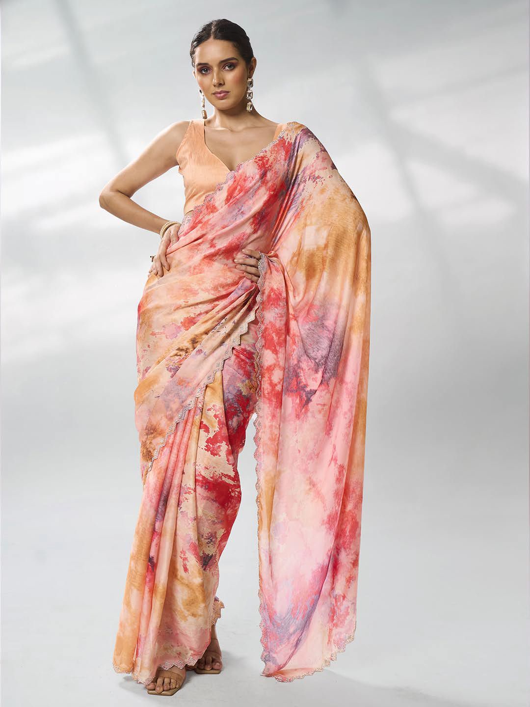 

Kalista Floral Beads and Stones Satin Saree, Peach
