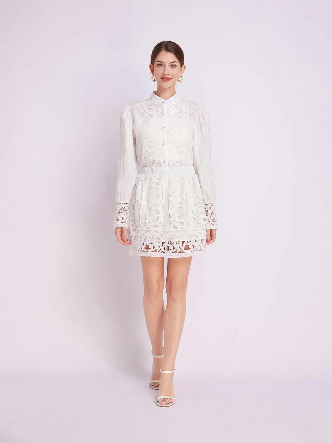 

JC Collection Self Design Schiffli Band Collar Casual Shirt With Skirt, White