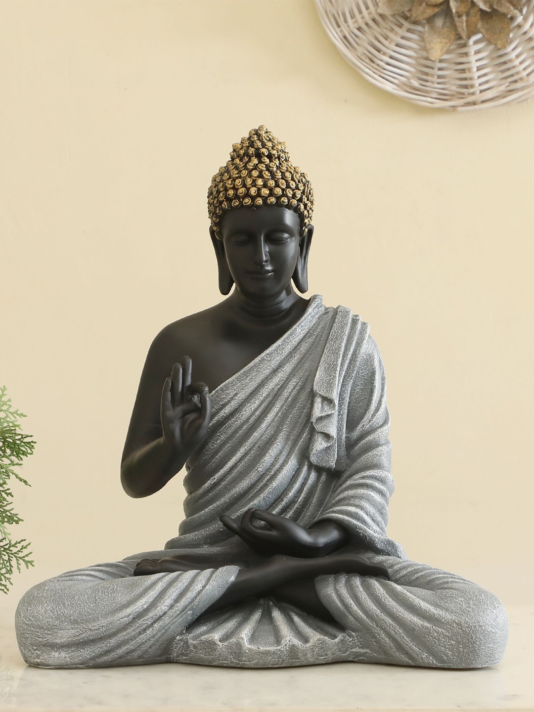 

vedas Mystic Indiana Grey & Black Buddha Idol Showpiece