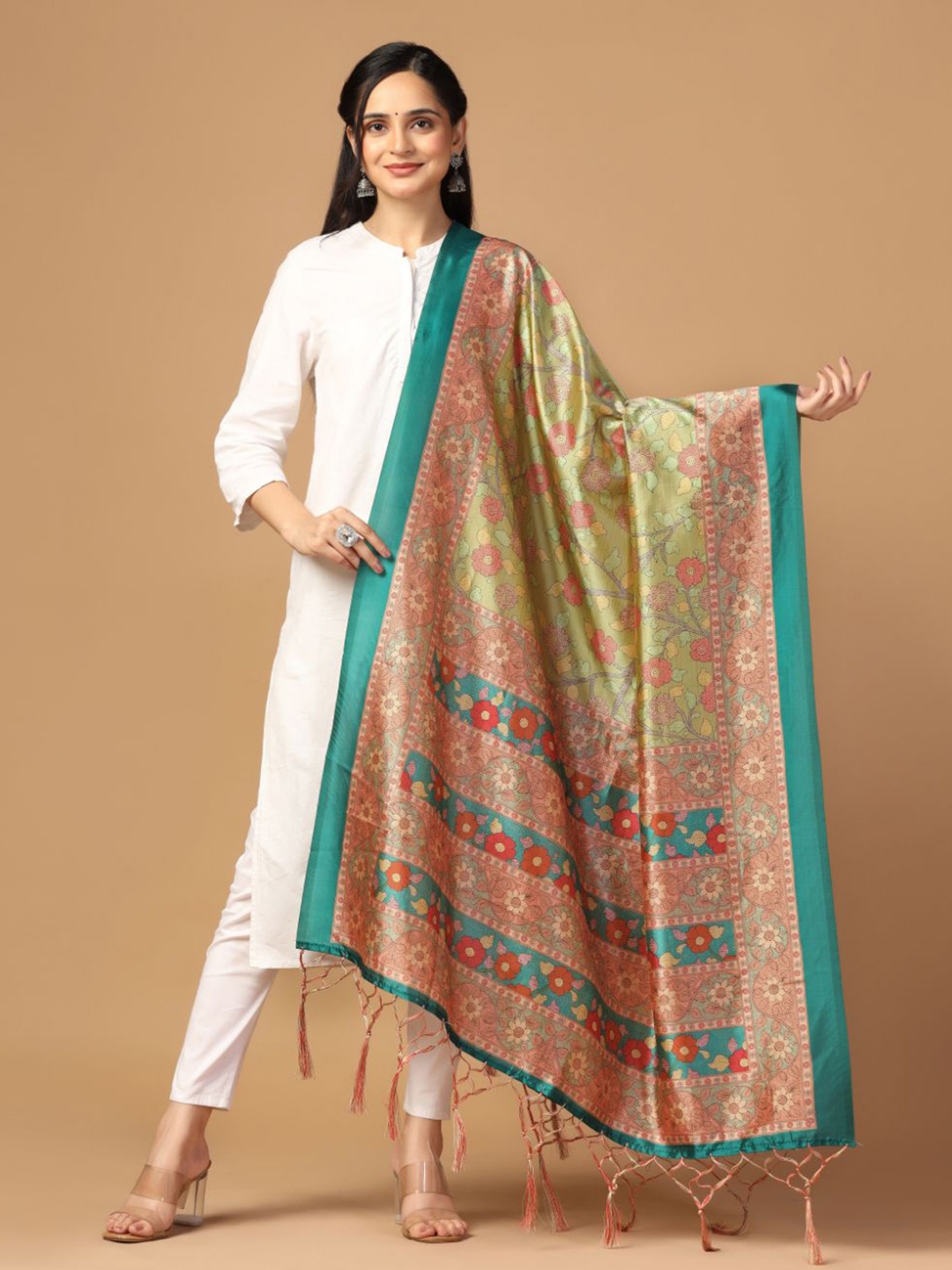 

Kaizen TEXO FAB Ethnic Motifs Printed Assam Silk Dupatta, Green