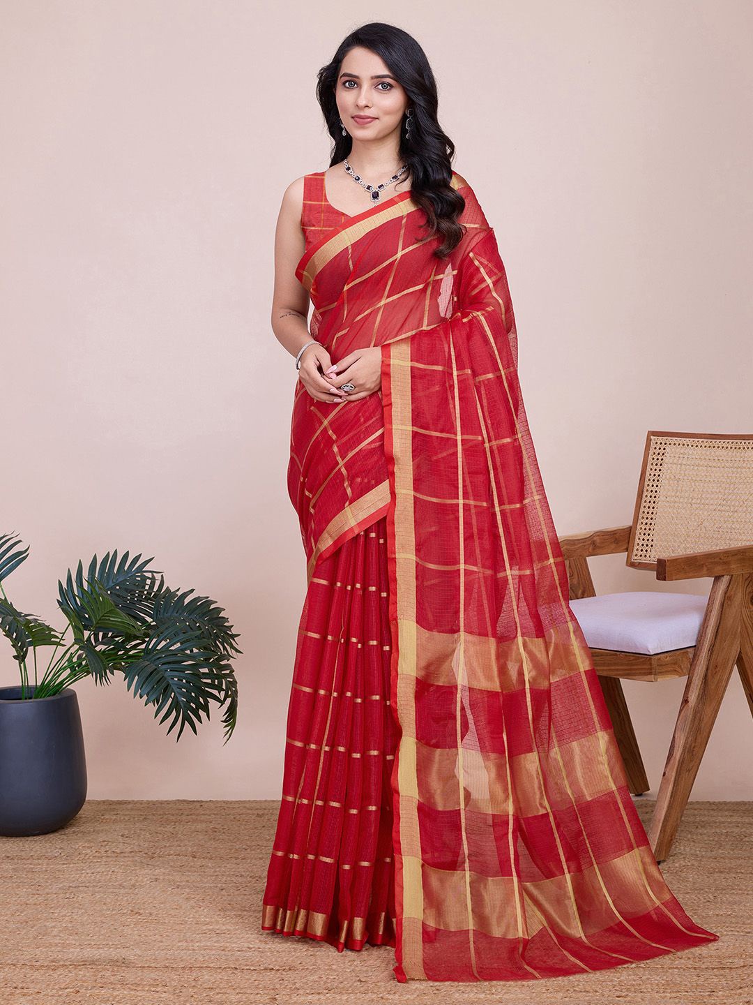 

KALINI Checked Zari Silk Cotton Kota Saree, Red