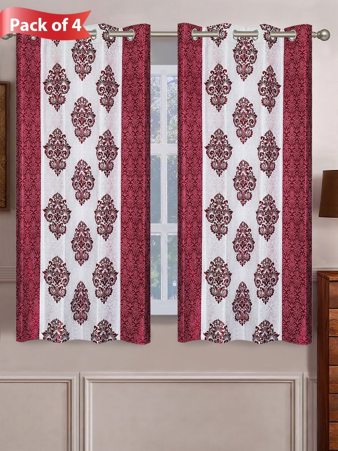 

Aura Maroon & White Set of 4 Ethnic Motifs Window Curtains