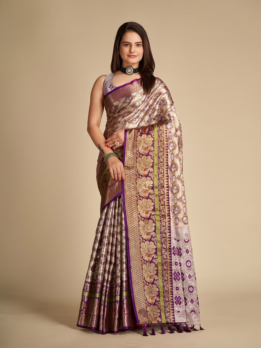 

LEOSAGI Ethnic Motifs Zari Pure Silk Banarasi Saree, Brown