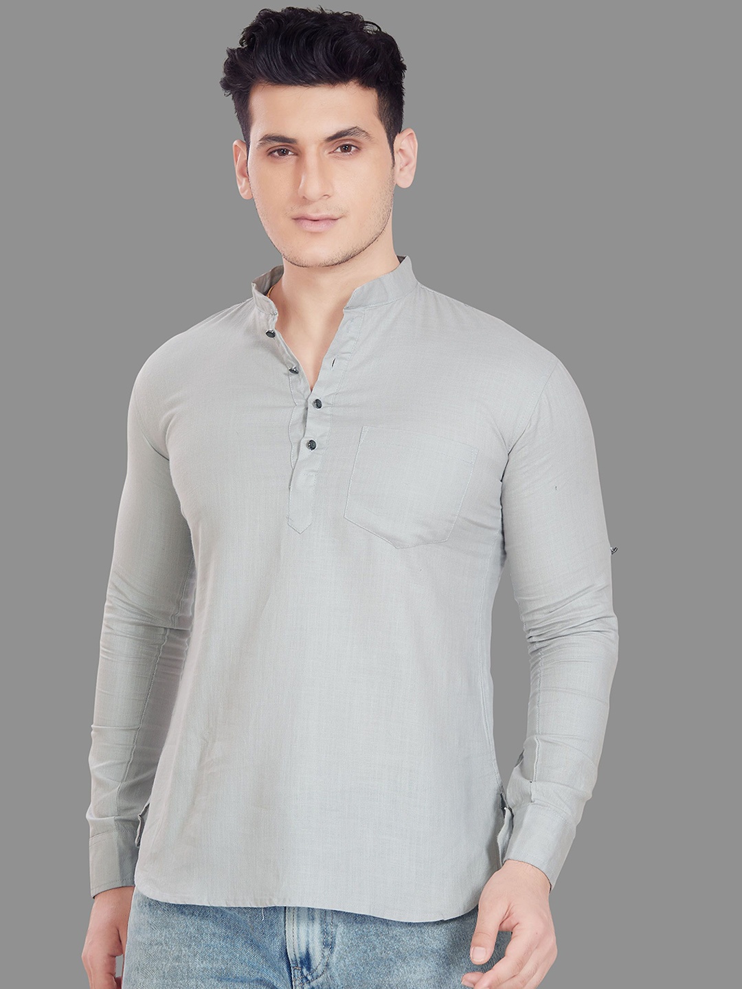 

DIVISIVE Mandarin Collar Roll-Up Sleeves Pure Cotton Straight Short Kurta, Grey