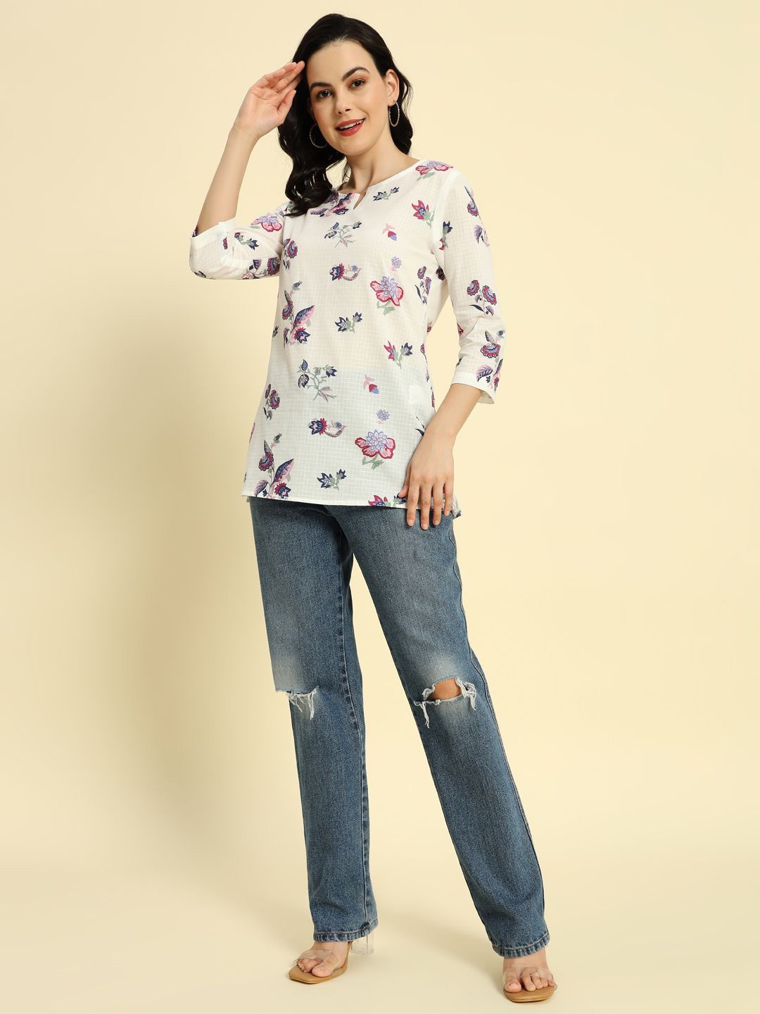 

HERE&NOW Ethnic Motifs Printed V-Neck Pure Cotton Kurti, White