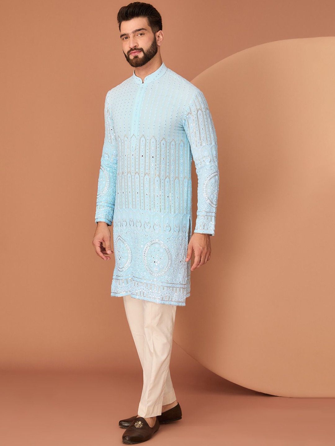 

KASBAH CLOTHING NISHCHAIY SAJDEH Geometric Embroidered Georgette Straight Kurta, Blue