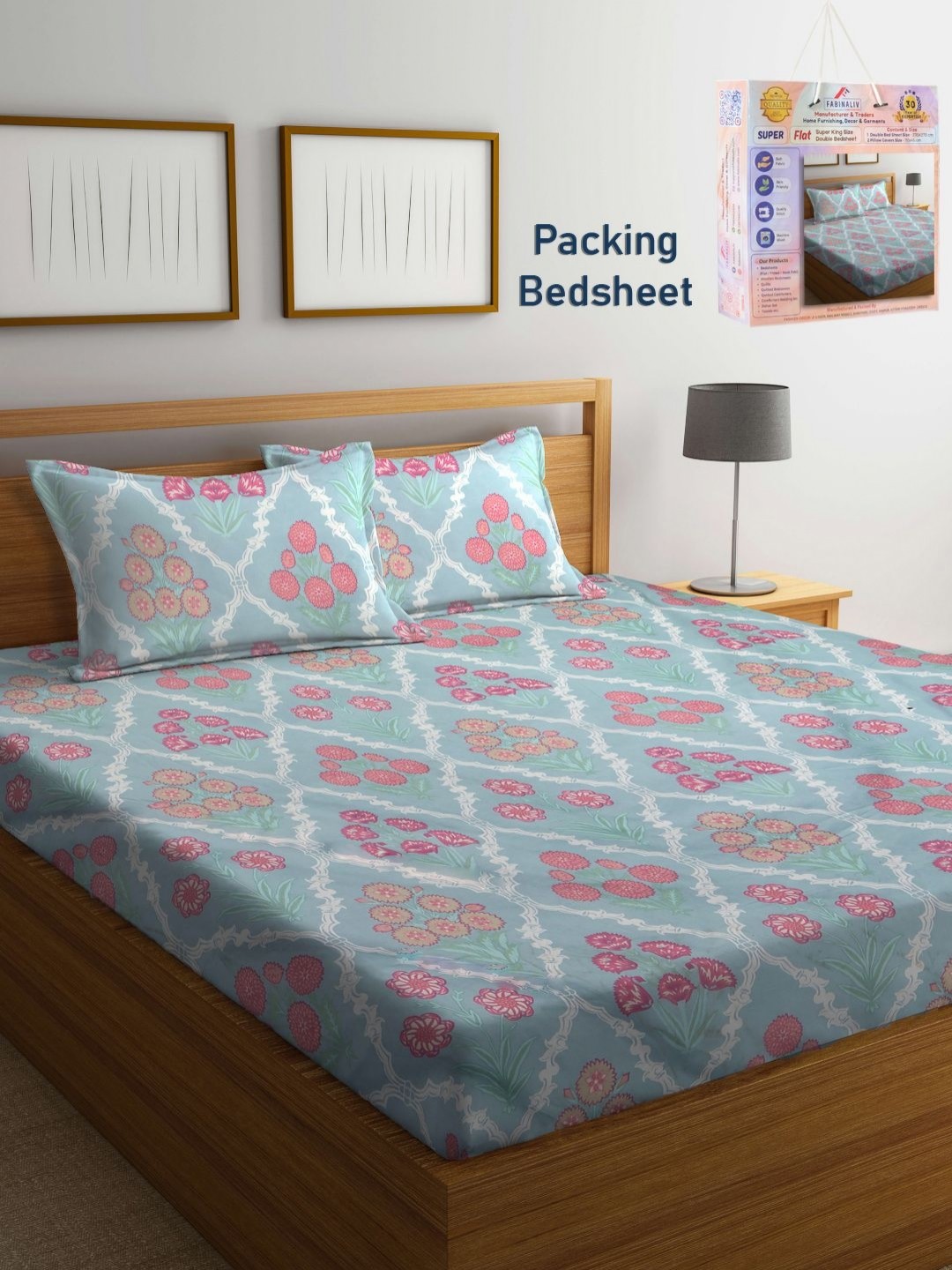 

FABINALIV Blue & Pink Floral 300 TC King Bedsheet with 2 Pillow Covers