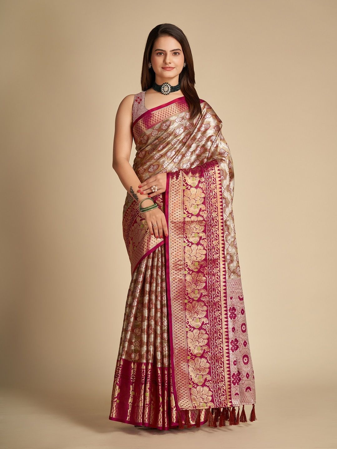 

SHOBHA SAREES Woven Design Zari Pure Silk Banarasi Saree, Brown
