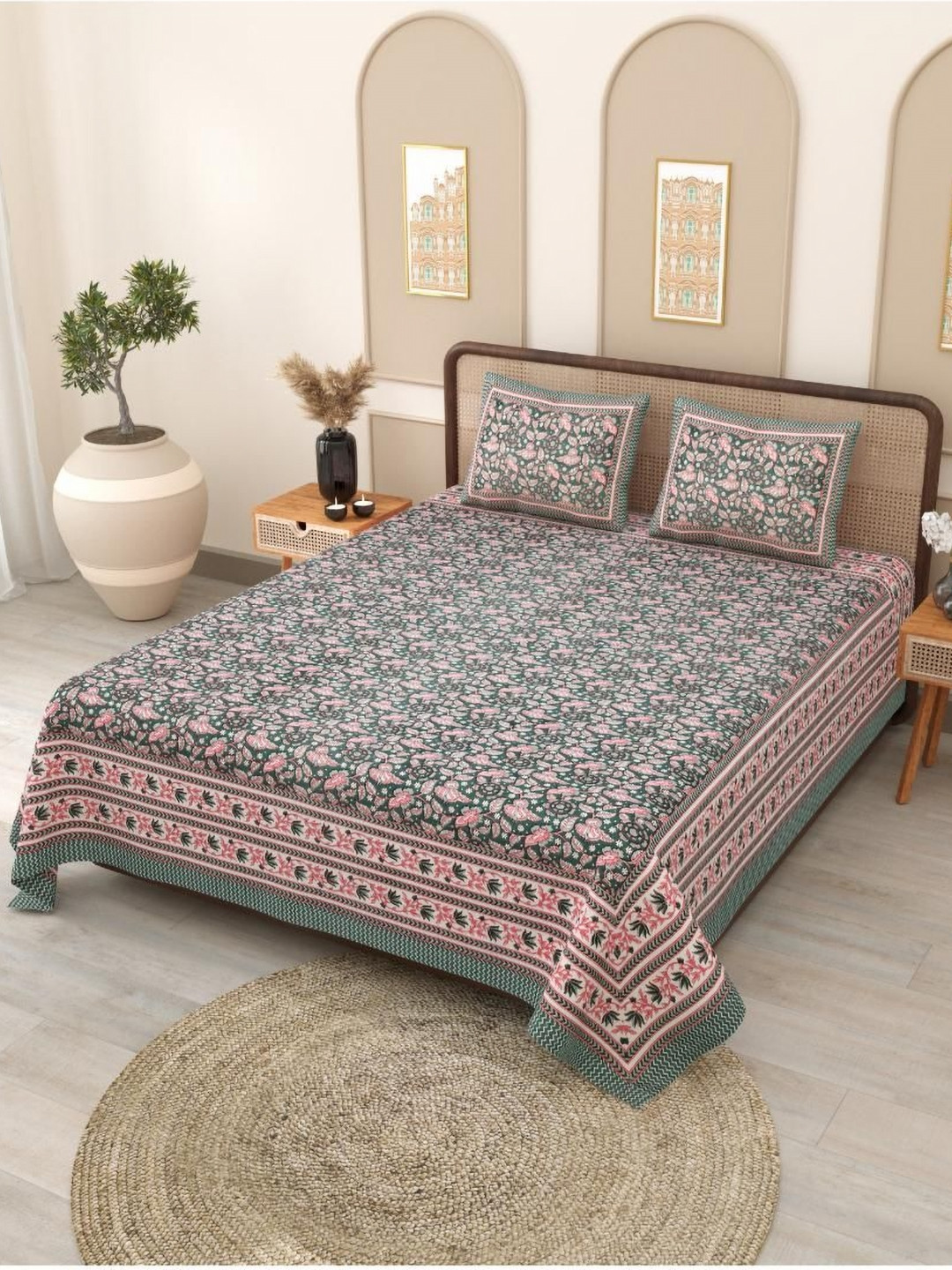

Block Print Story Green & Pink Floral 210 TC Queen Bedsheet with 2 Pillow Covers