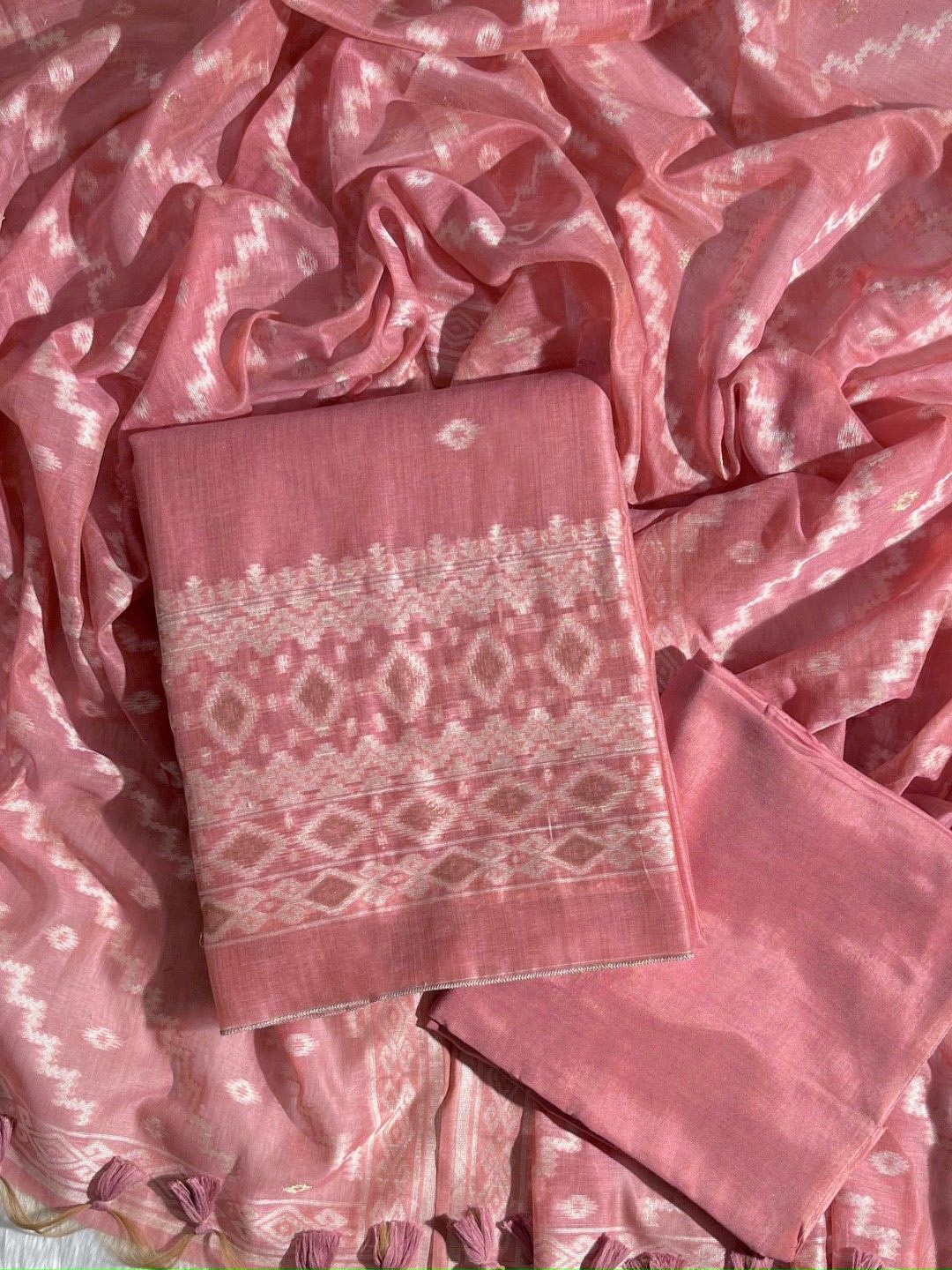 

ZARIMO Bandhani Woven Design Pure Cotton Unstitched Dress Material, Pink