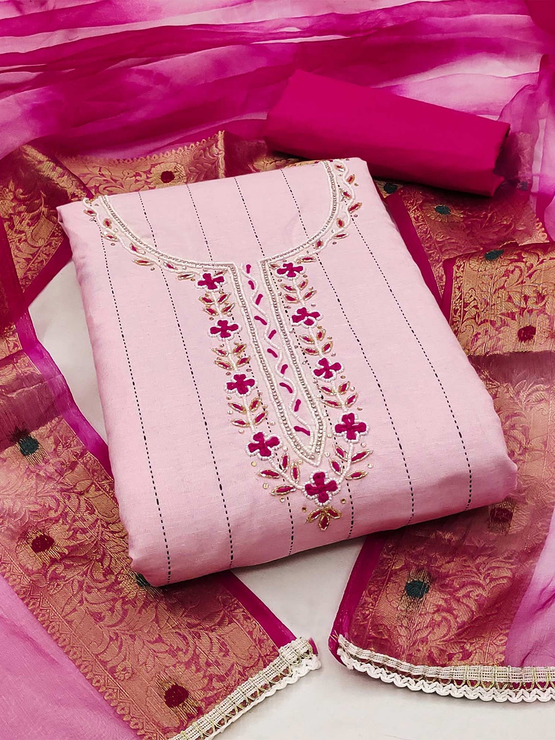

Peachmode Floral Embroidered Beads and Stones Unstitched Dress Material, Pink
