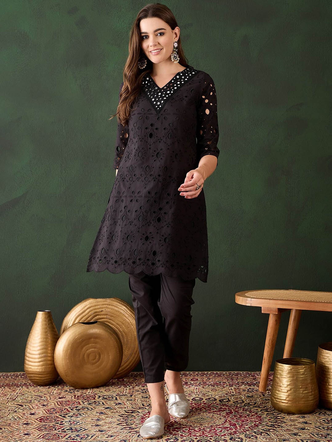 

Sangria Embroidered Regular Mirror Work Pure Cotton Kurti With Trousers, Grey