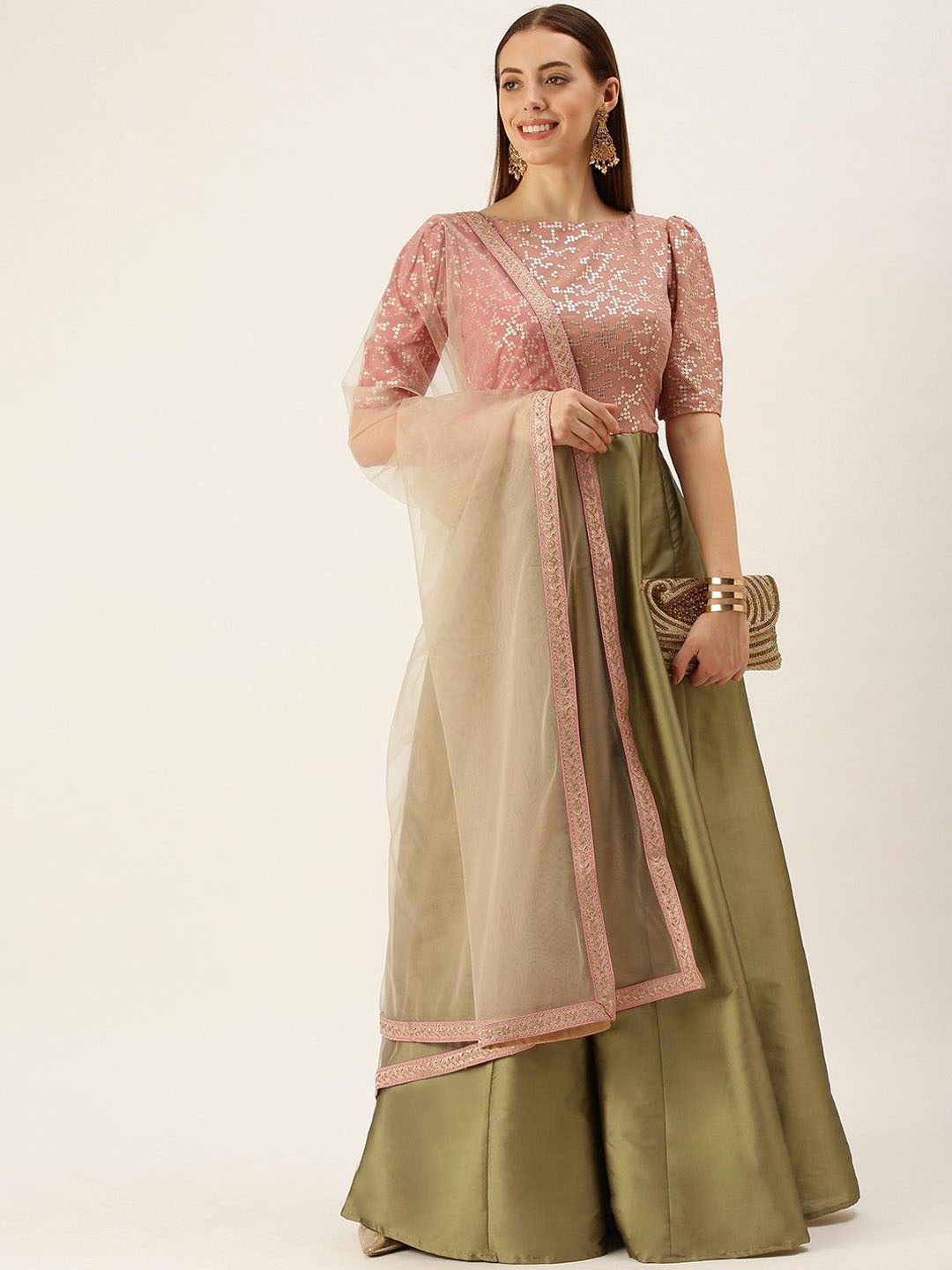 

Ethnovog Sequinned Embroidered Anarkali Kurta With Trousers & Dupatta, Pink