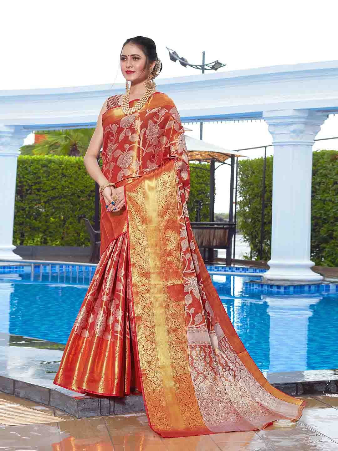 

JUST FASHION Woven Design Zari Banarasi Saree, Red