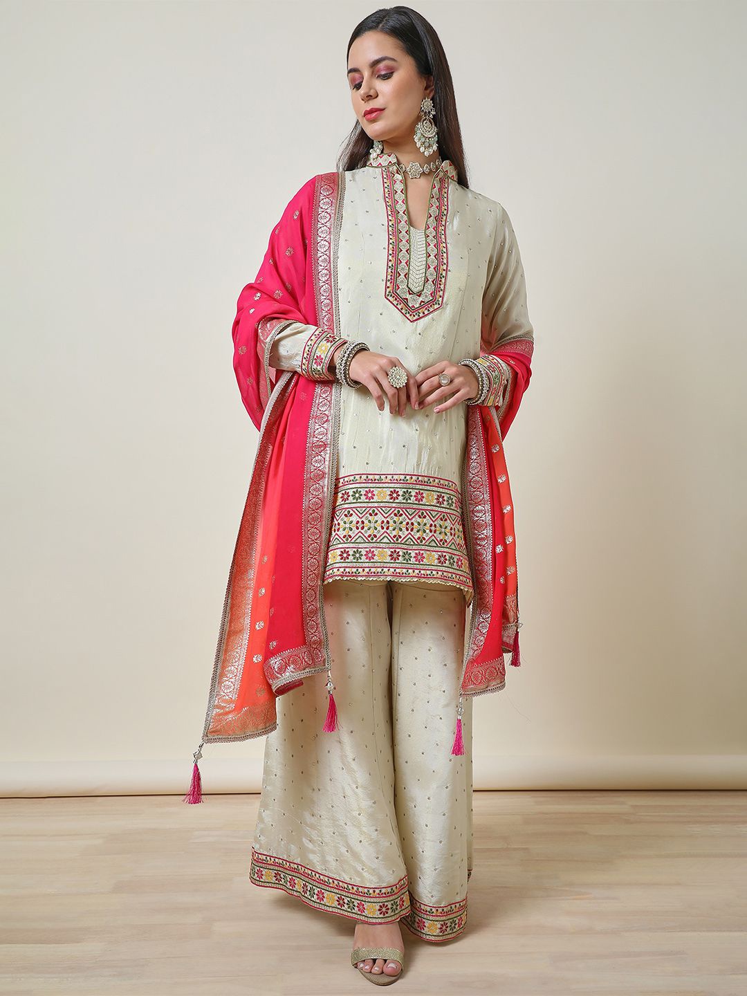 

Soch Women Ethnic Motifs Embroidered Regular Thread Work Kurti with Sharara & With Dupatta, Cream