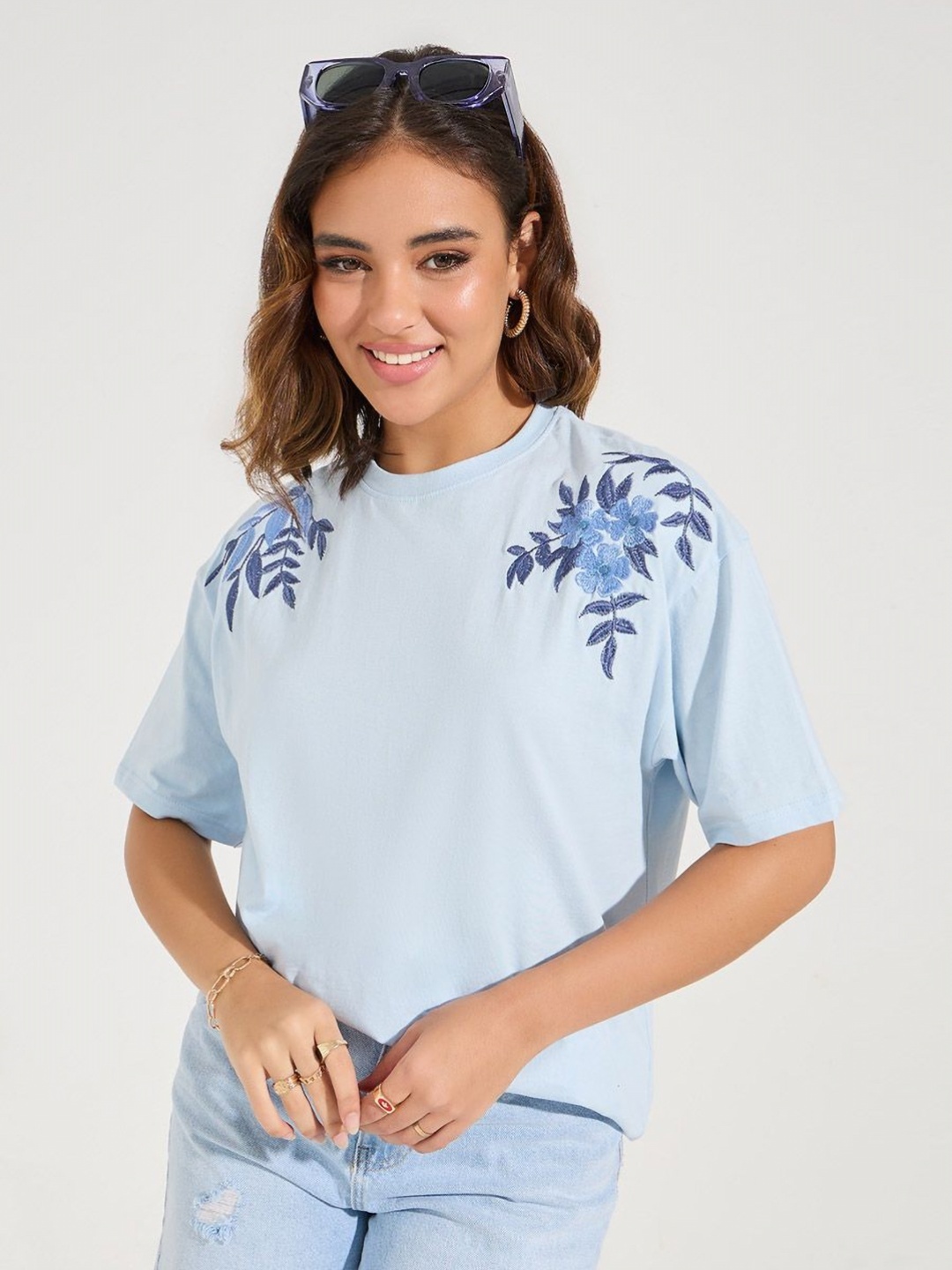 

Styli Women Floral Solid Floral Print Round Neck Cotton Oversized T-Shirt, Blue