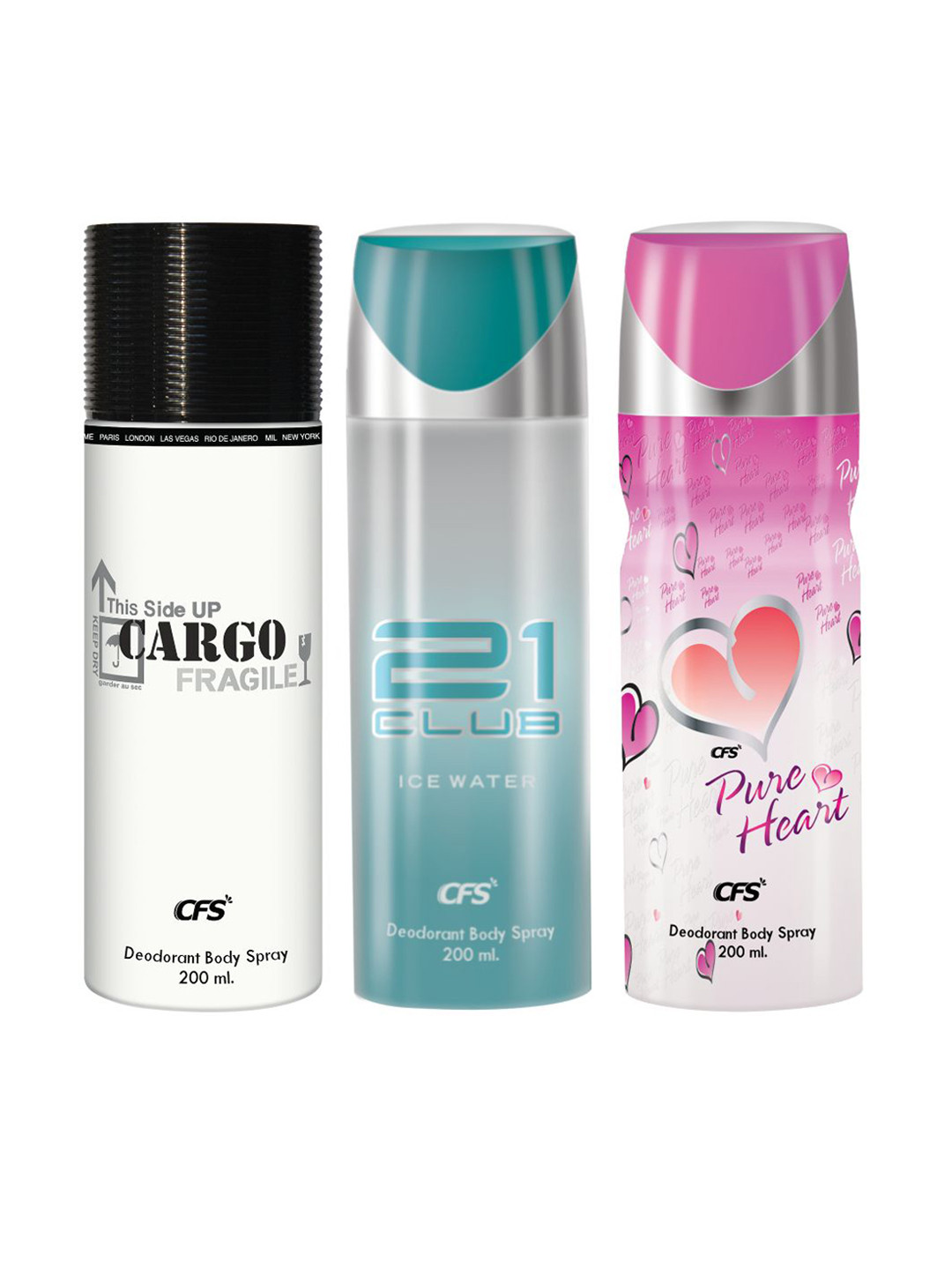 

CFS Set Of 3 Cargo 21 Club & Pure Heart Long Lasting Deodorant Body Spray - 200ml Each, White