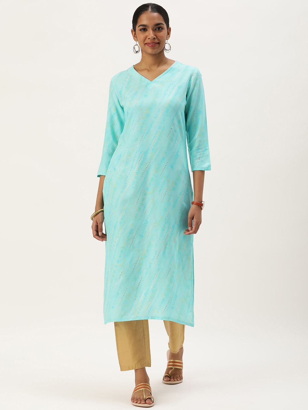 

Shaily Blue Polka Dots Printed V-Neck Straight Kurta