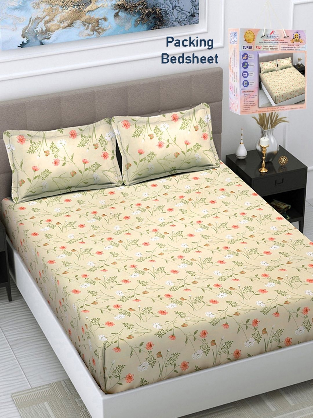 

FABINALIV Cream & Pink Floral 300 TC Double King Bedsheet With 2 Pillow Covers