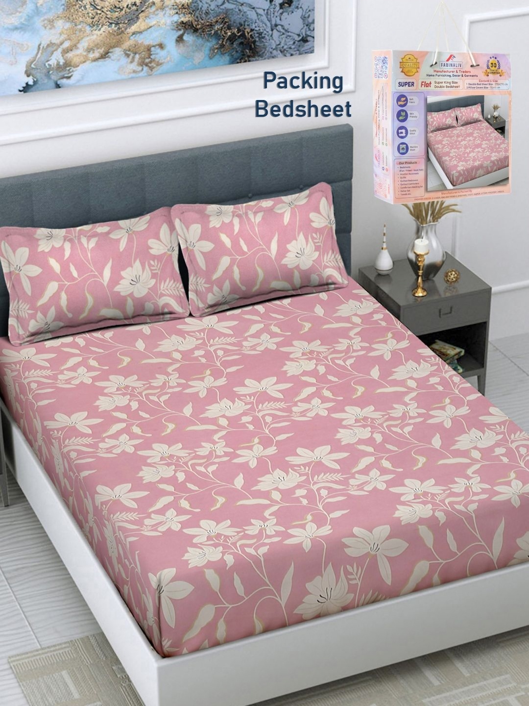 

FABINALIV Pink & Crream Floral 300 TC King Bedsheet With 2 Pillow Covers