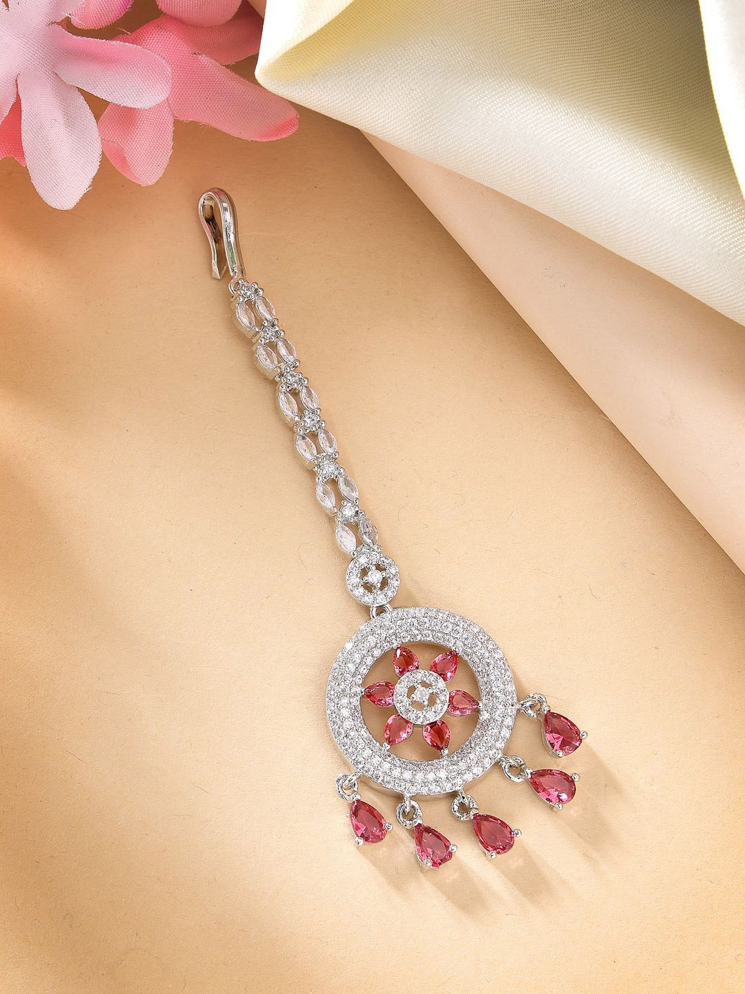 

ZENEME Rhodium Plated American Diamond & Cubic Zirconia Studded Maang Tikka, Silver