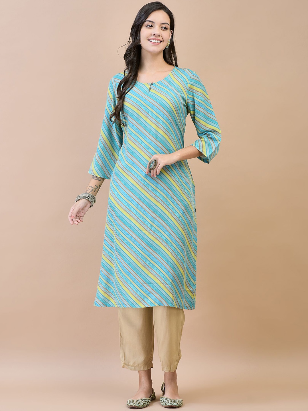 

Shree Women Striped Keyhole Neck Cold-Shoulder Sleeves Gotta Patti Kurta, Multi