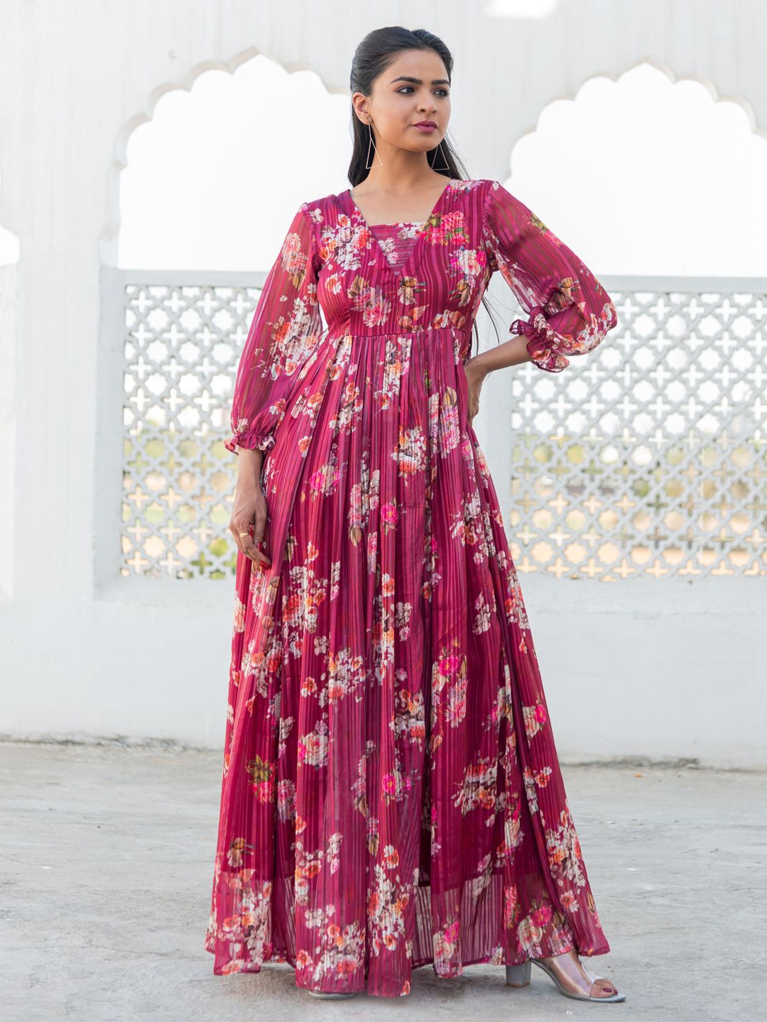 

Kohsh Floral Printed Puff Sleeve Georgette Maxi Dress, Maroon