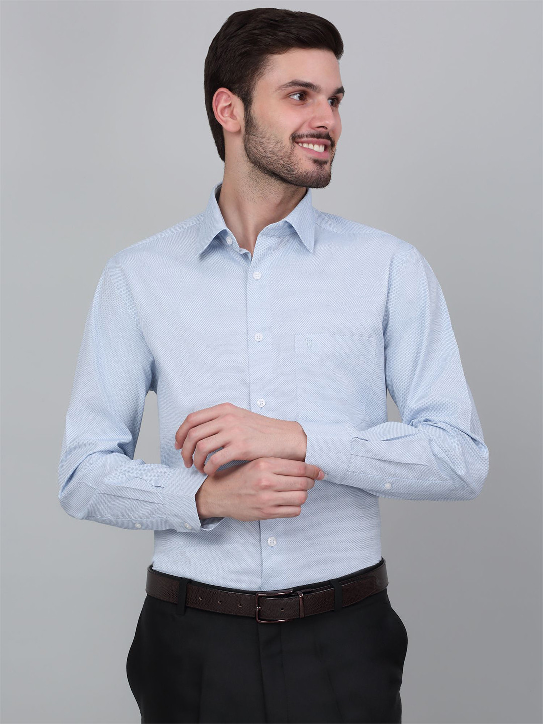 

Cantabil Men Spread Collar Self Design Cotton Formal Shirt, Blue