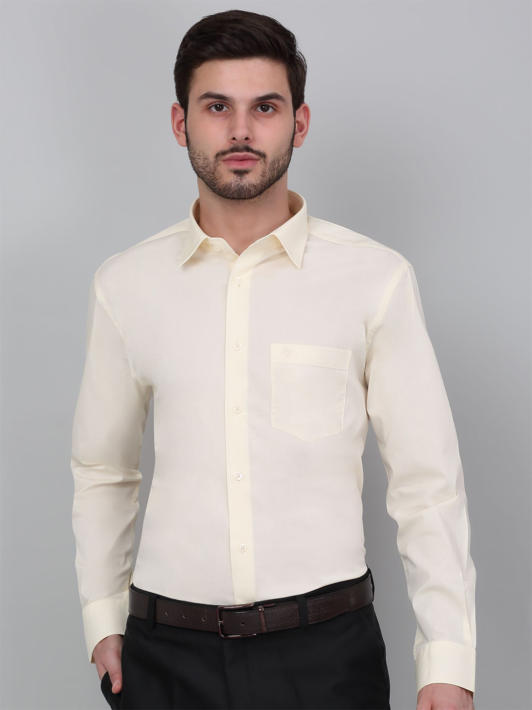 

Cantabil Men Spread Collar Solid Cotton Formal Shirt, Cream
