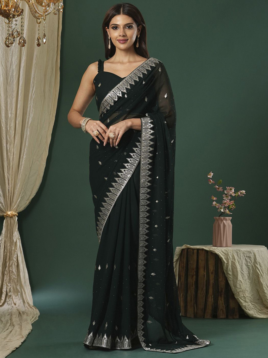

Saree mall Embellished Beads and Stones Saree, Green