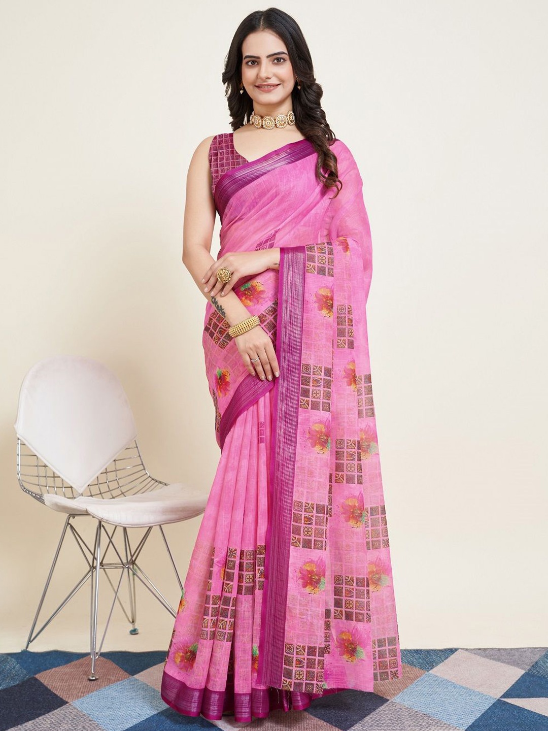 

LEOSAGI Floral Printed Saree With Blouse Piece, Pink