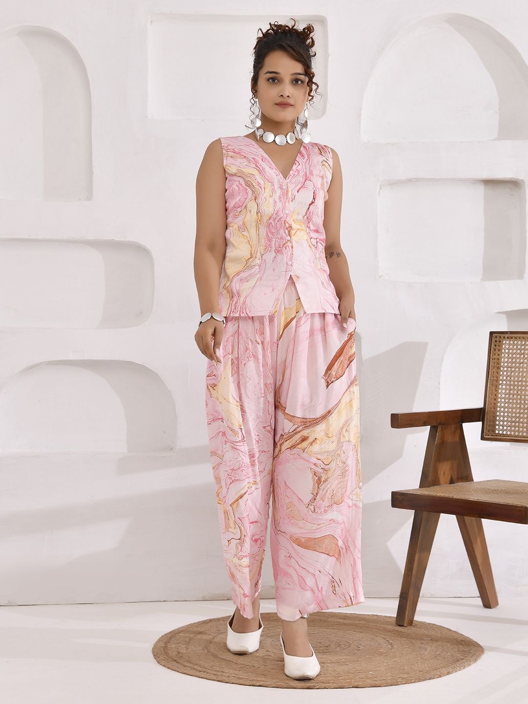 

THE SAFFRON SAGA Printed Shirt & Palazzos Co-Ord Set, Pink