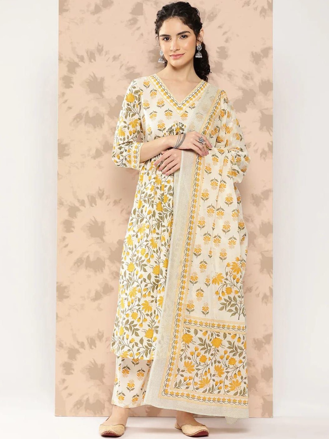 

KALINI Floral Printed V-Neck Cotton Regular A-Line Kurta, Yellow