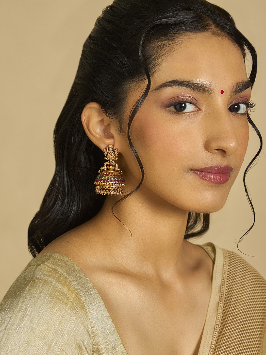 

Kushal's Fashion Jewellery Gold-Plated Ethnic Antique Dome Shaped Jhumkas Earrings, Red