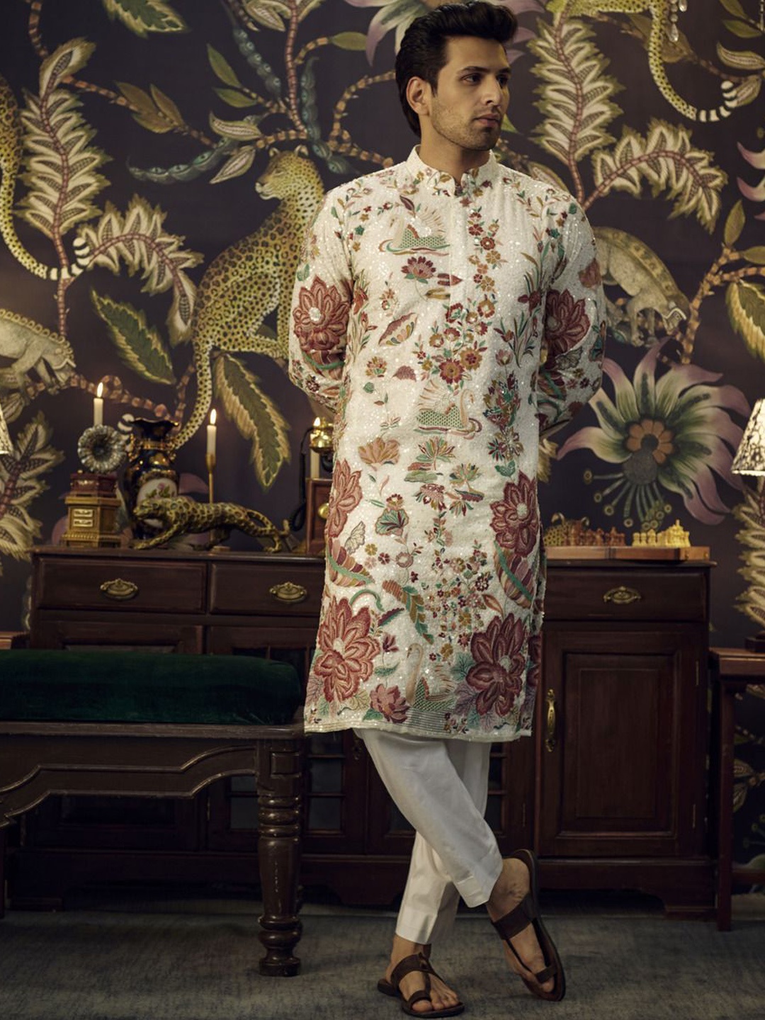 

KASBAH CLOTHING NISHCHAIY SAJDEH Floral Embroidered Sequinned Georgette Kurta, Pink