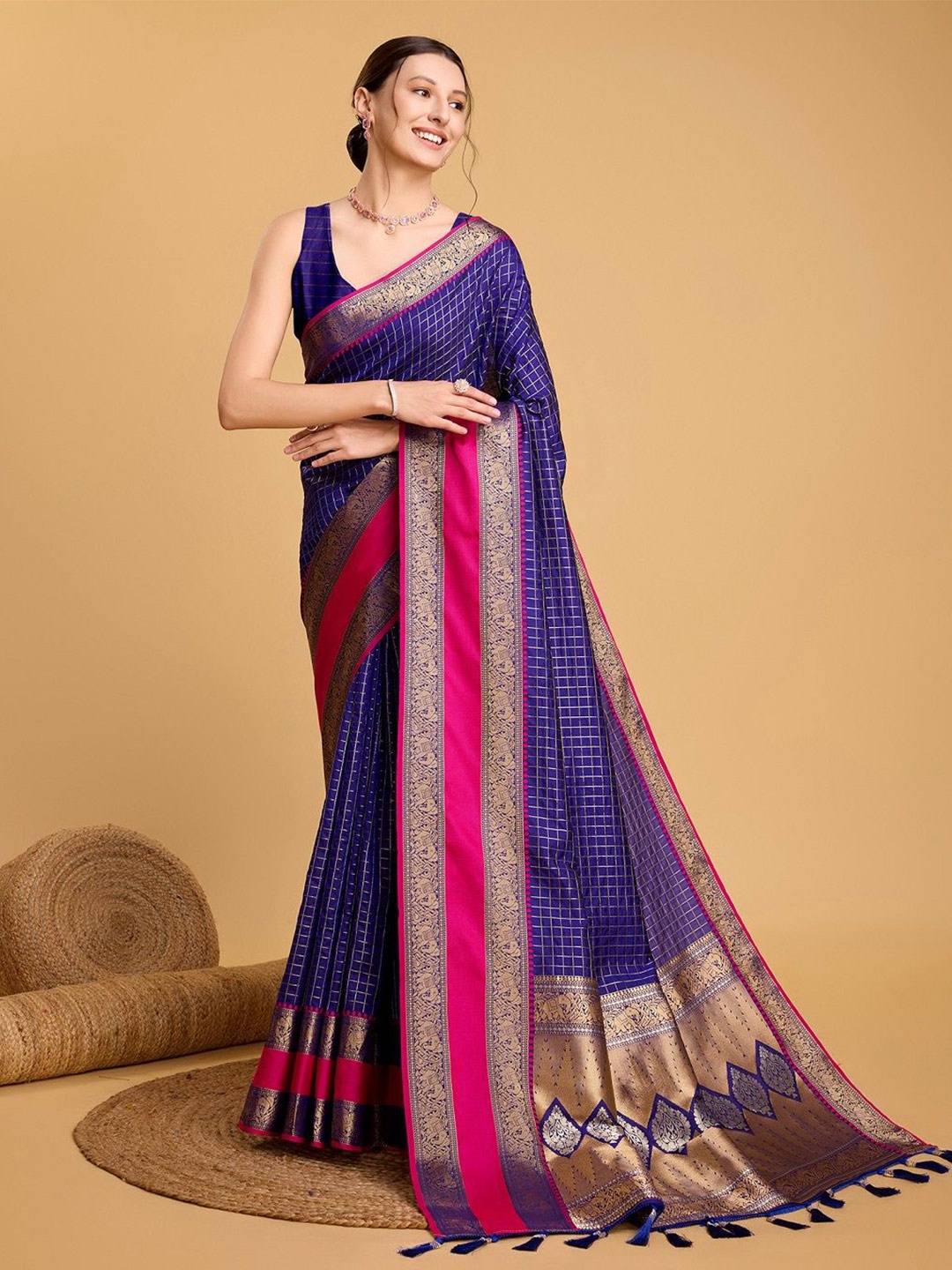 

SHOBHA SAREES Checked Zari Pure Silk Banarasi Saree, Blue