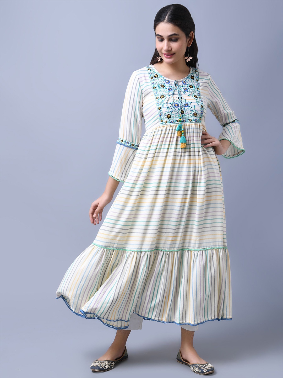

Anouk Embroidered Striped Round Neck Empire Midi Ethnic Dress, White
