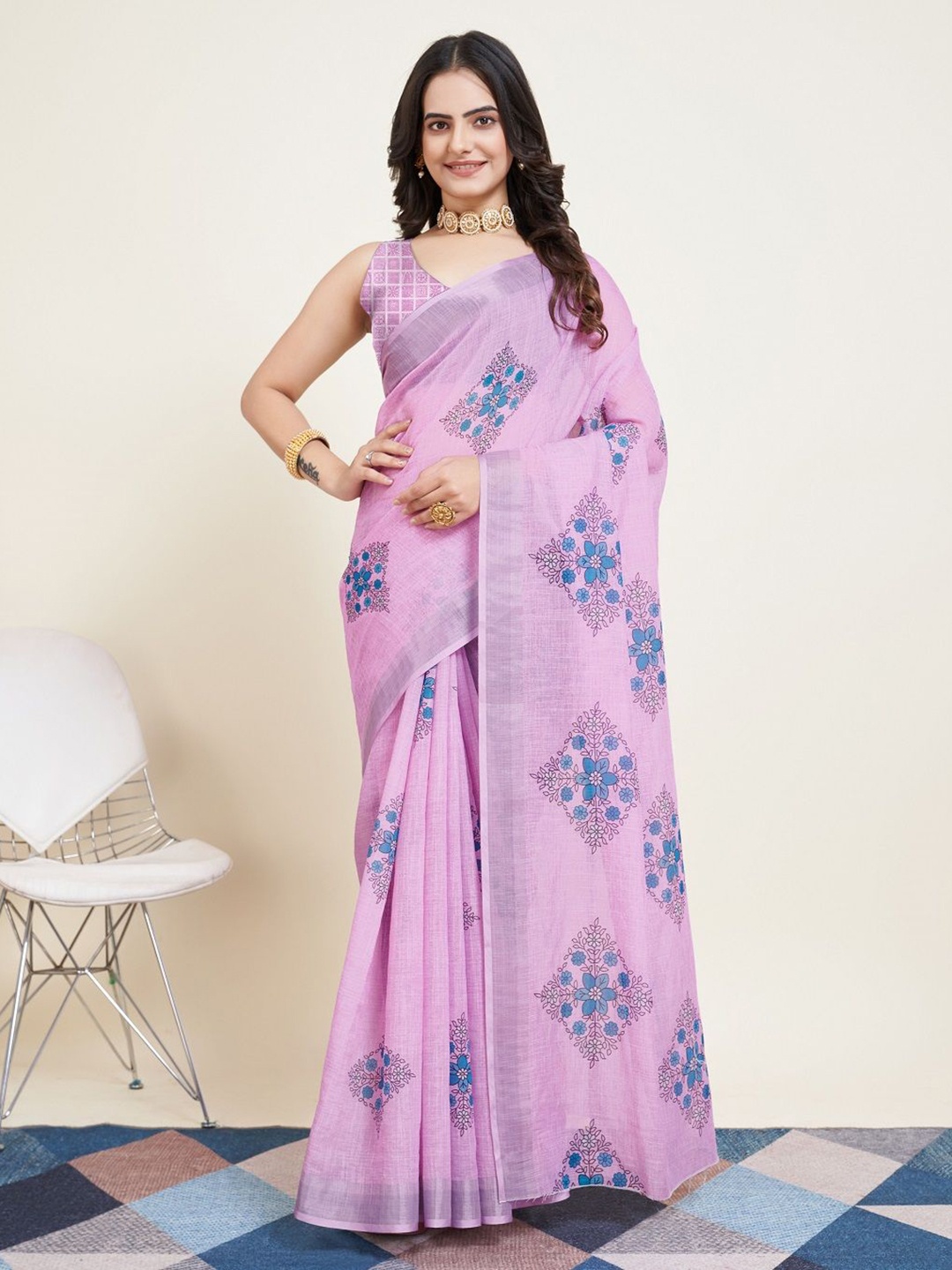 

SHOBHA SAREES Floral Zari Silk Cotton Saree, Purple