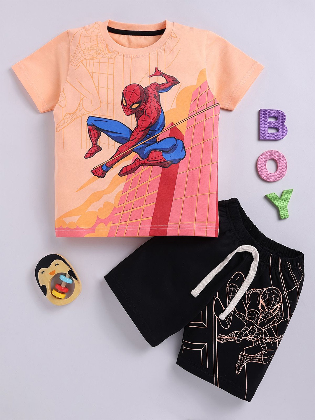 

LITTLE NINJA Boys Graphic Printed Pure Cotton Casual T-shirt With Shorts, Orange