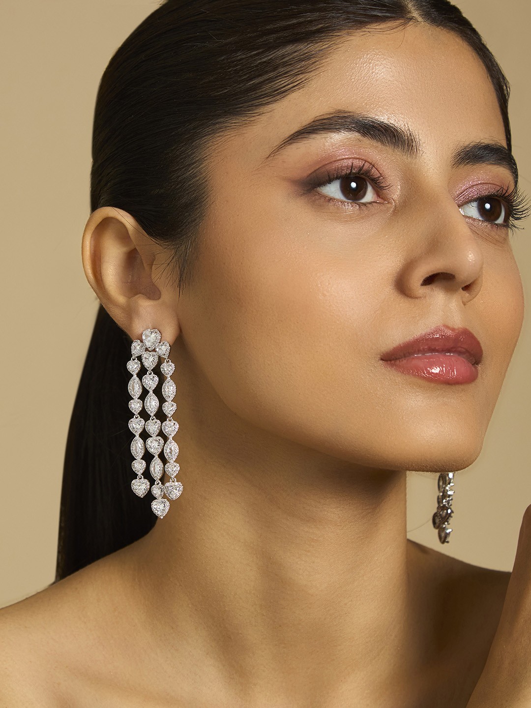 

Kushal's Fashion Jewellery Rhodium-Plated CZ Stone Studded Drop Earrings, Silver