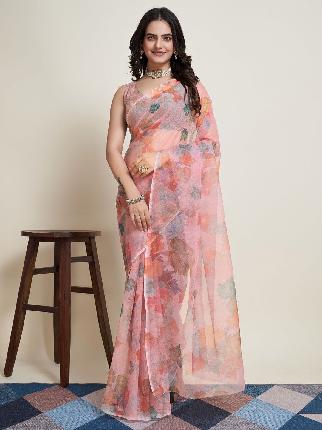 

SHOBHA SAREES Floral Supernet Saree, Peach